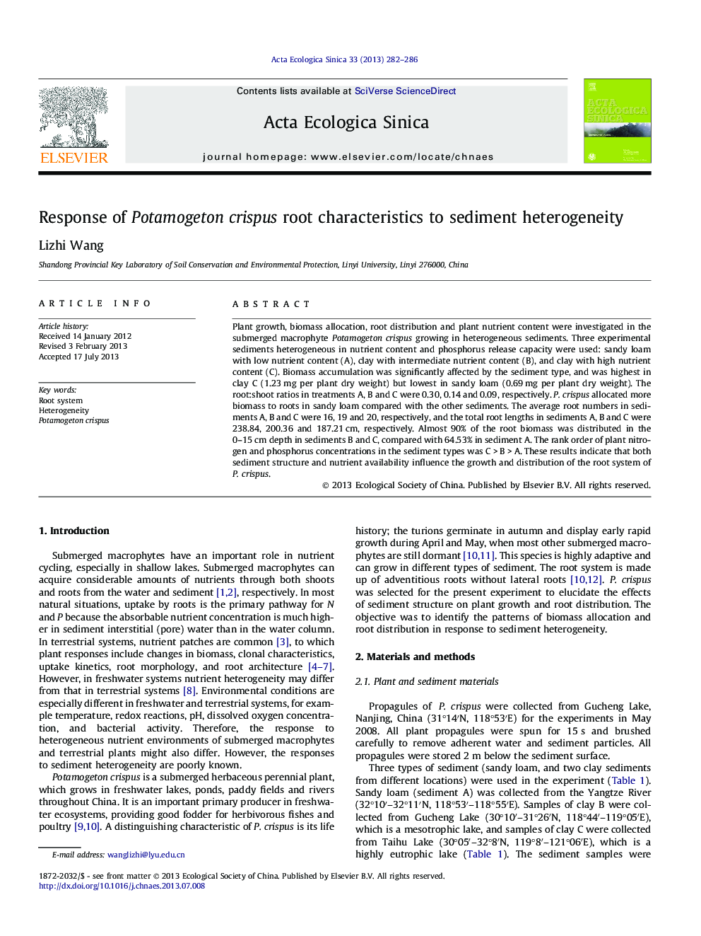 Response of Potamogeton crispus root characteristics to sediment heterogeneity