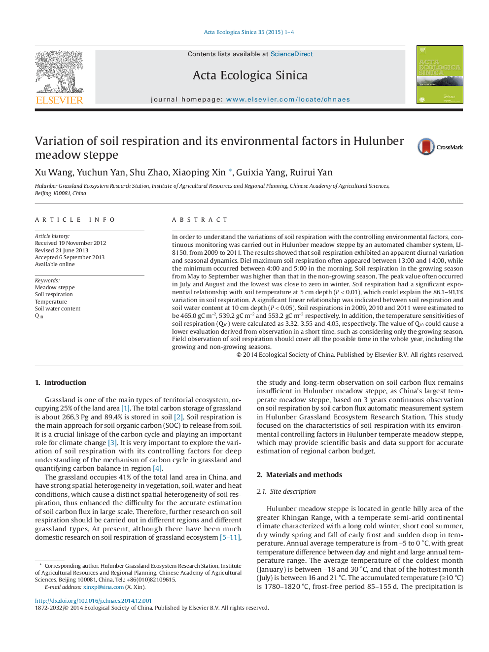 Variation of soil respiration and its environmental factors in Hulunber meadow steppe