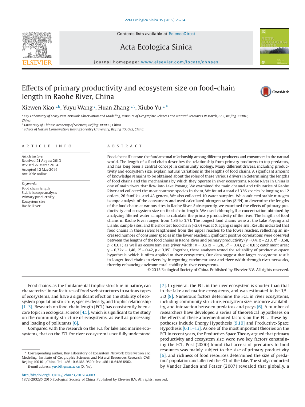 Effects of primary productivity and ecosystem size on food-chain length in Raohe River, China