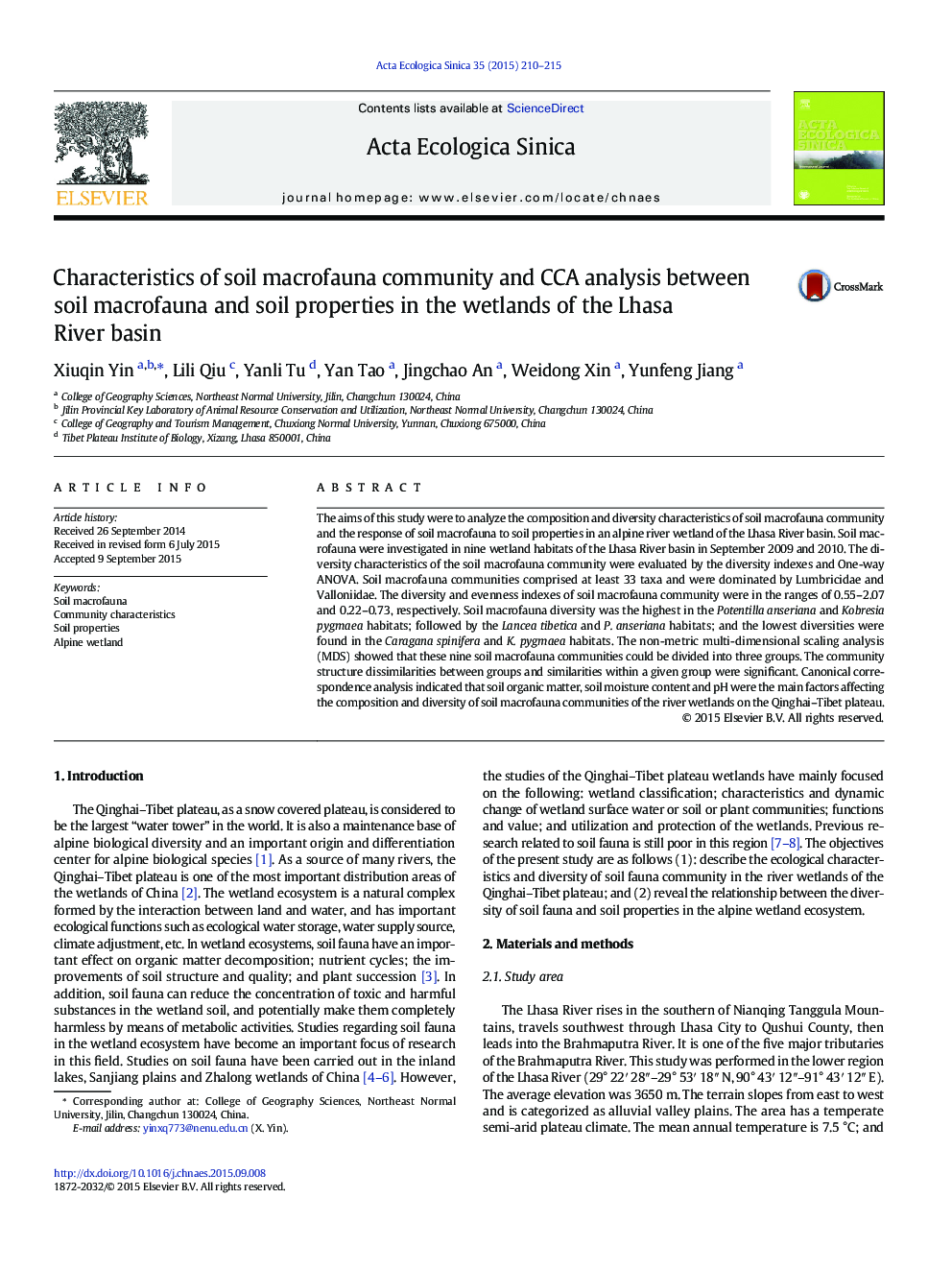 Characteristics of soil macrofauna community and CCA analysis between soil macrofauna and soil properties in the wetlands of the Lhasa River basin