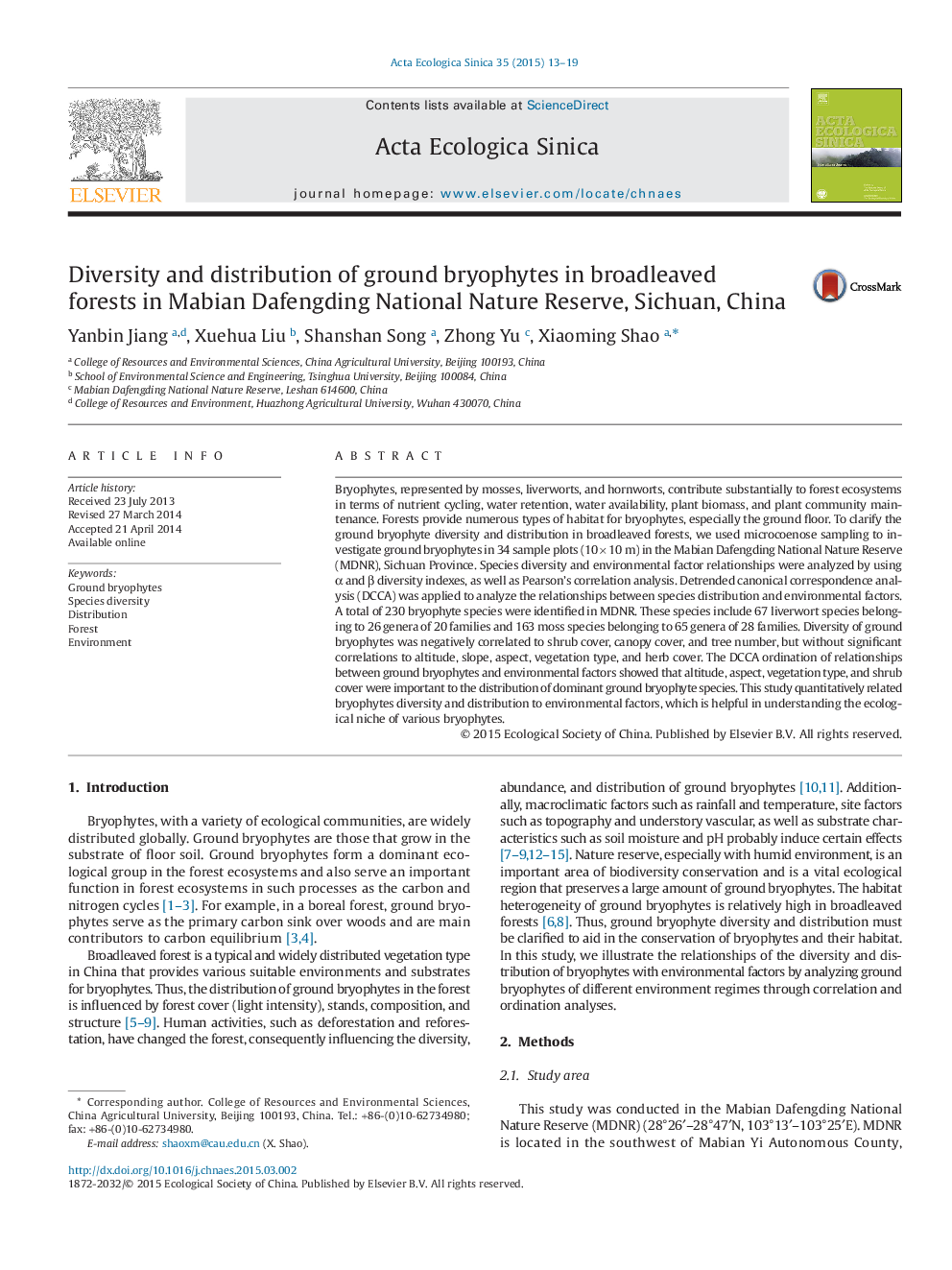 Diversity and distribution of ground bryophytes in broadleaved forests in Mabian Dafengding National Nature Reserve, Sichuan, China