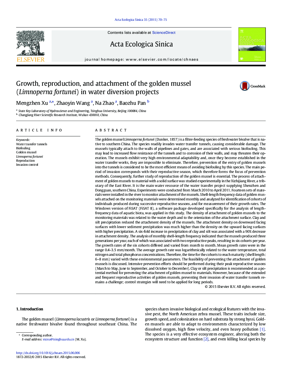 Growth, reproduction, and attachment of the golden mussel (Limnoperna fortunei) in water diversion projects