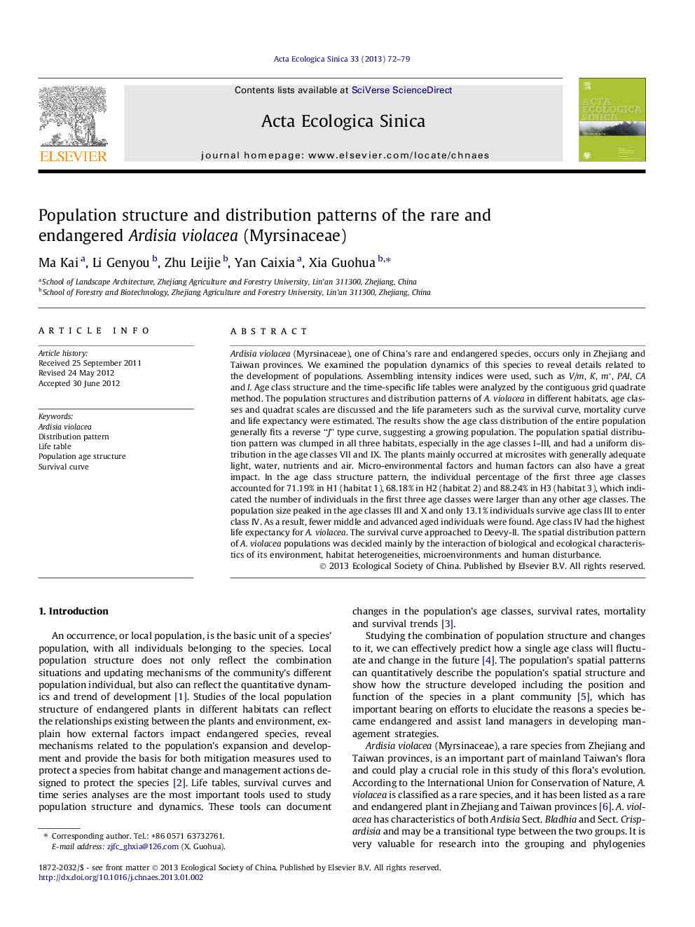 Population structure and distribution patterns of the rare and endangered Ardisia violacea (Myrsinaceae)