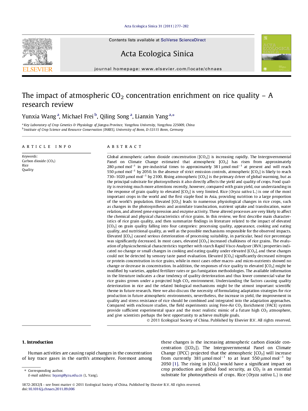 The impact of atmospheric CO2 concentration enrichment on rice quality – A research review