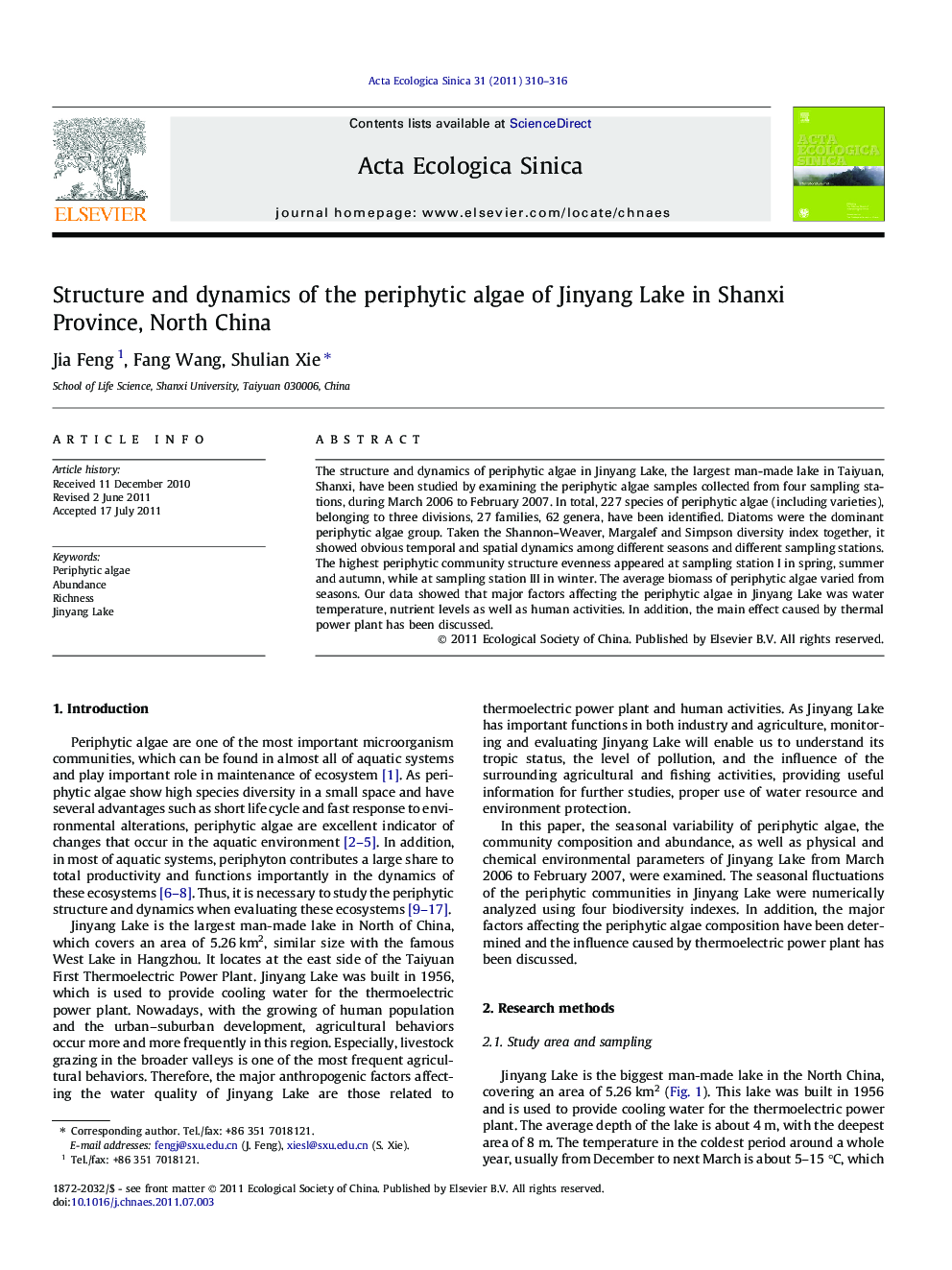 Structure and dynamics of the periphytic algae of Jinyang Lake in Shanxi Province, North China