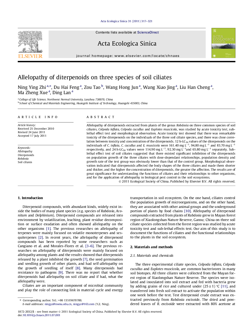 Allelopathy of diterpenoids on three species of soil ciliates