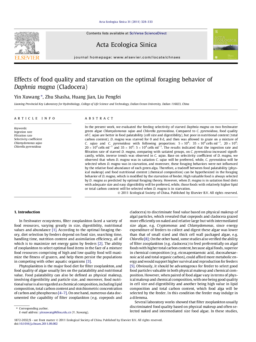 Effects of food quality and starvation on the optimal foraging behavior of Daphnia magna (Cladocera)