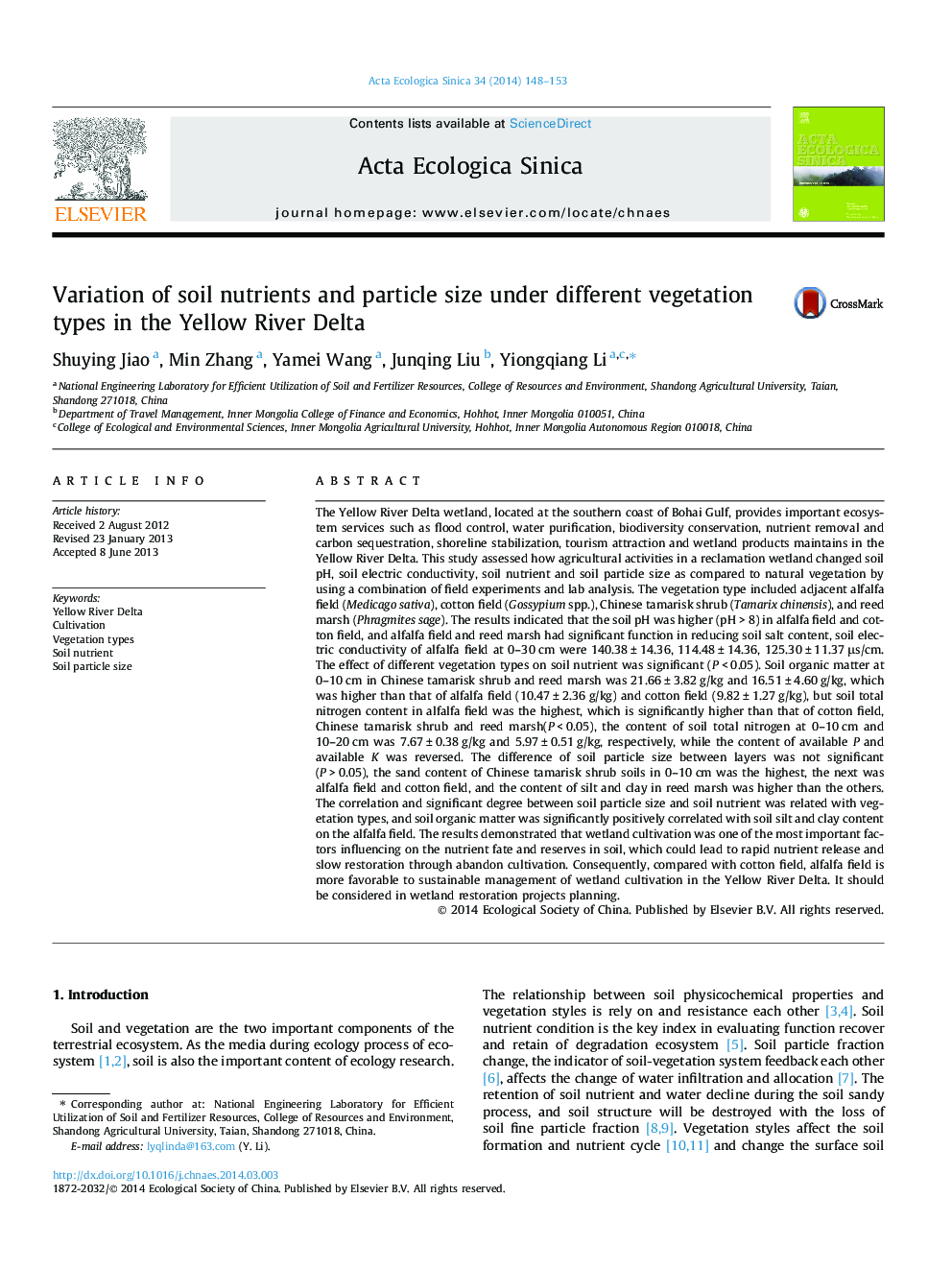 Variation of soil nutrients and particle size under different vegetation types in the Yellow River Delta