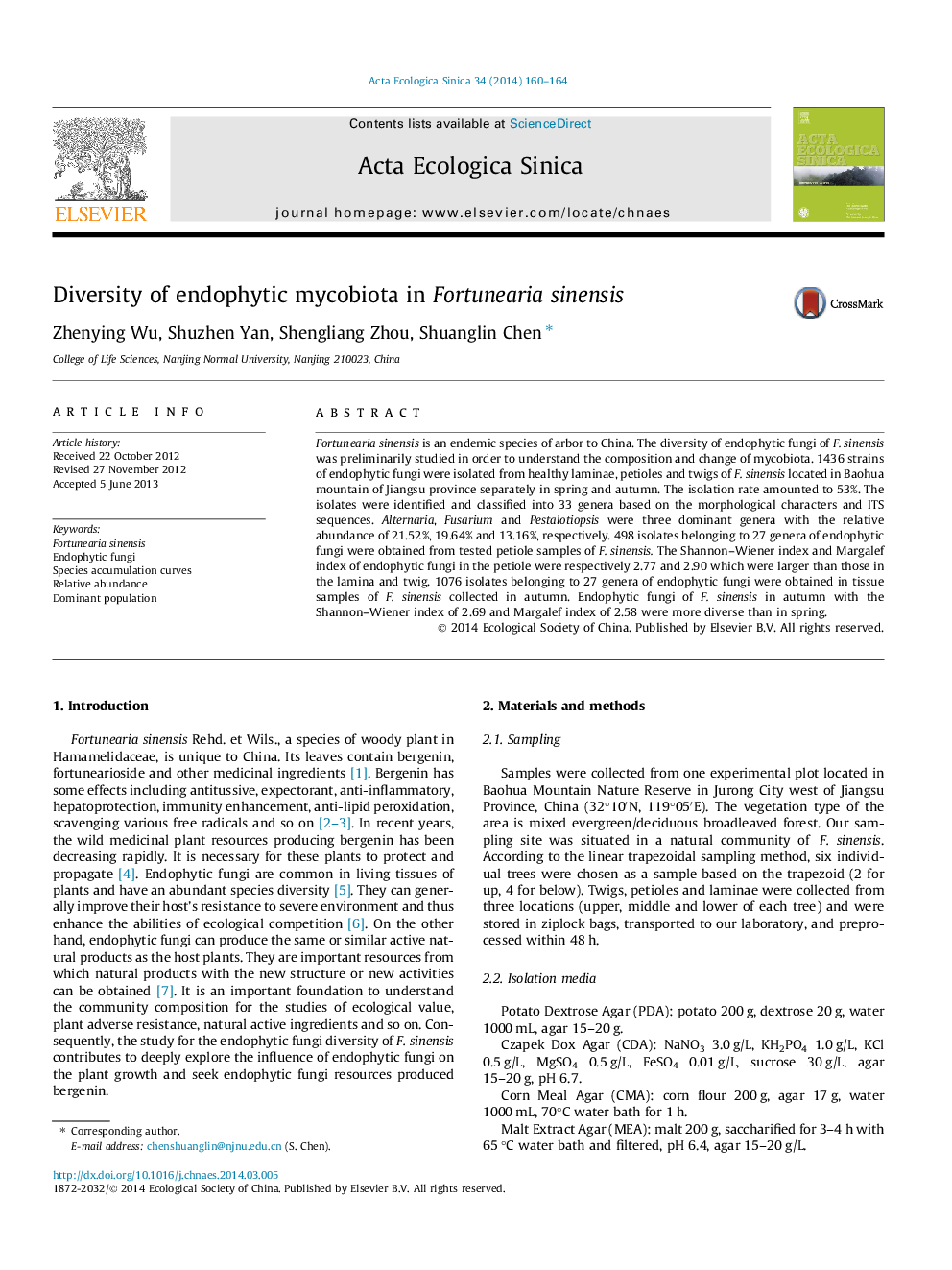 Diversity of endophytic mycobiota in Fortunearia sinensis