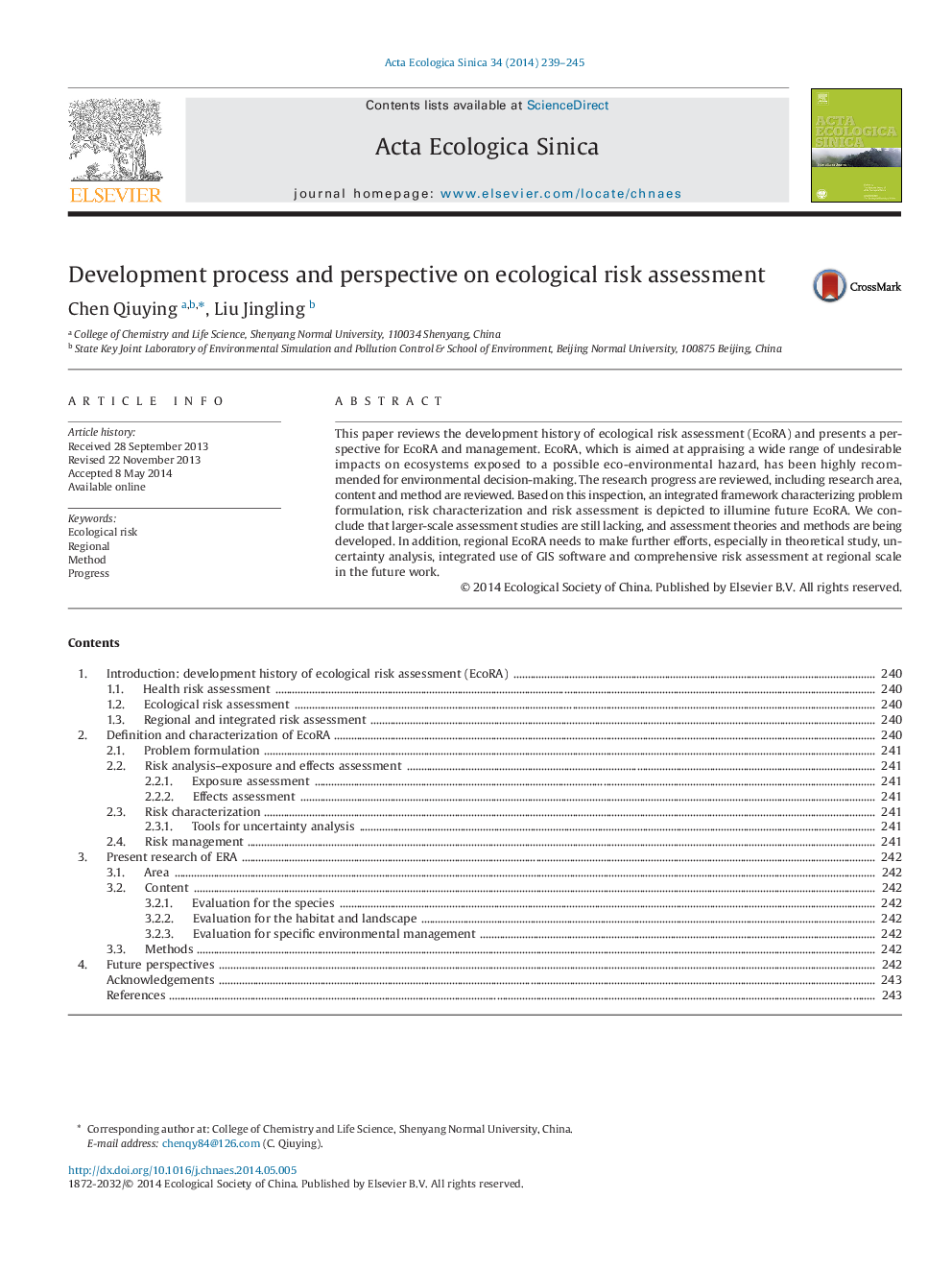 Development process and perspective on ecological risk assessment