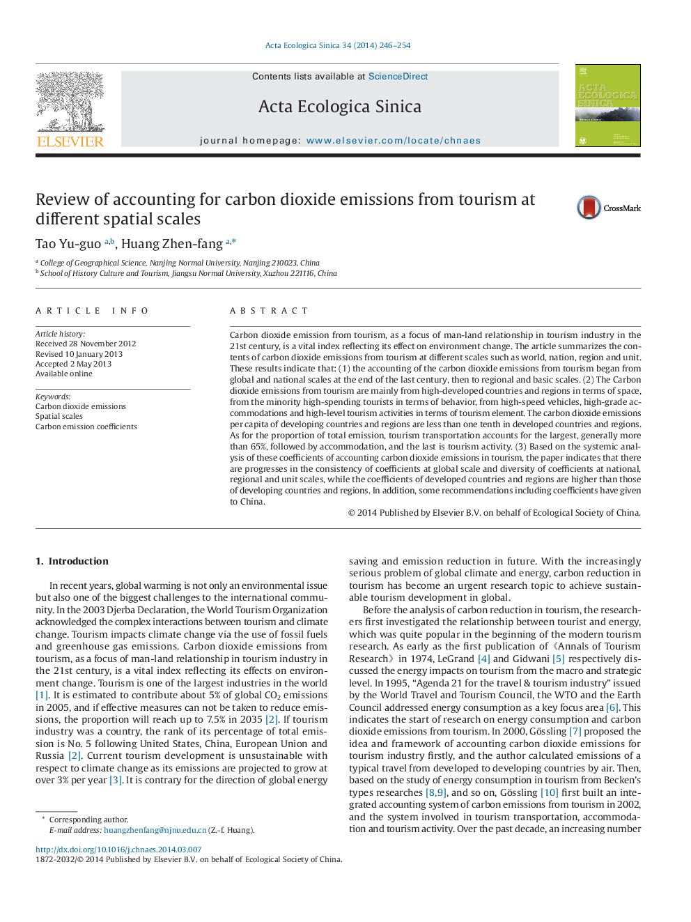 Review of accounting for carbon dioxide emissions from tourism at different spatial scales