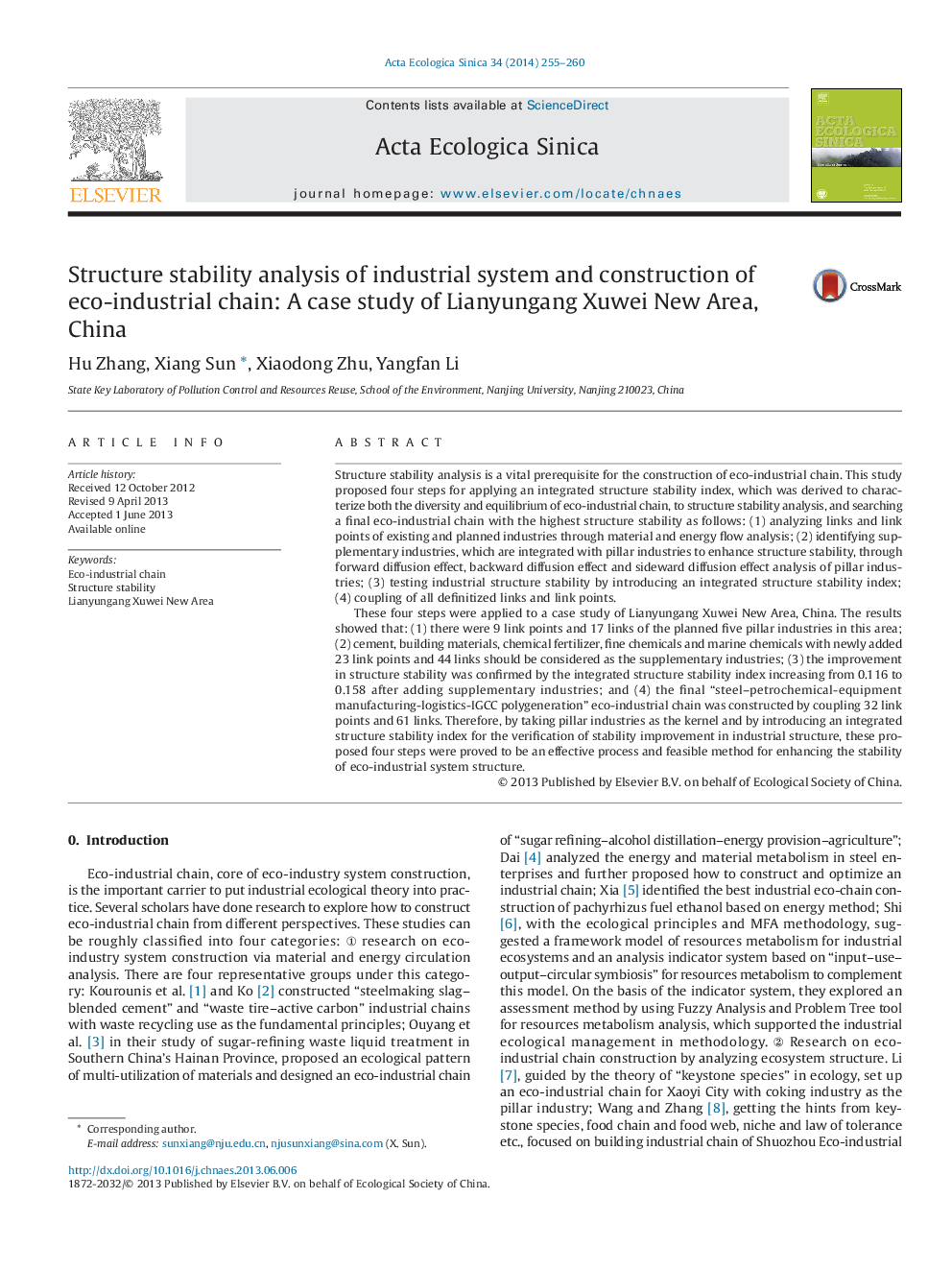 Structure stability analysis of industrial system and construction of eco-industrial chain: A case study of Lianyungang Xuwei New Area, China