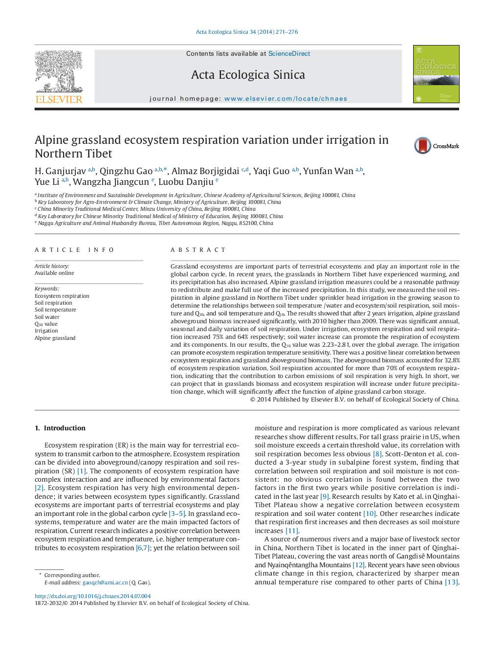 Alpine grassland ecosystem respiration variation under irrigation in Northern Tibet