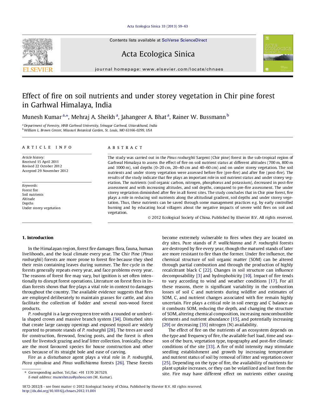 Effect of fire on soil nutrients and under storey vegetation in Chir pine forest in Garhwal Himalaya, India