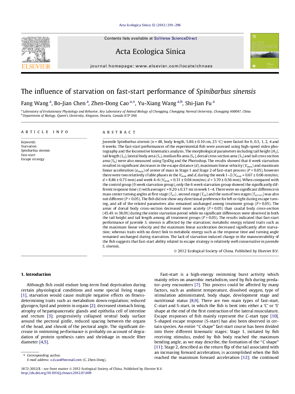 The influence of starvation on fast-start performance of Spinibarbus sinensis