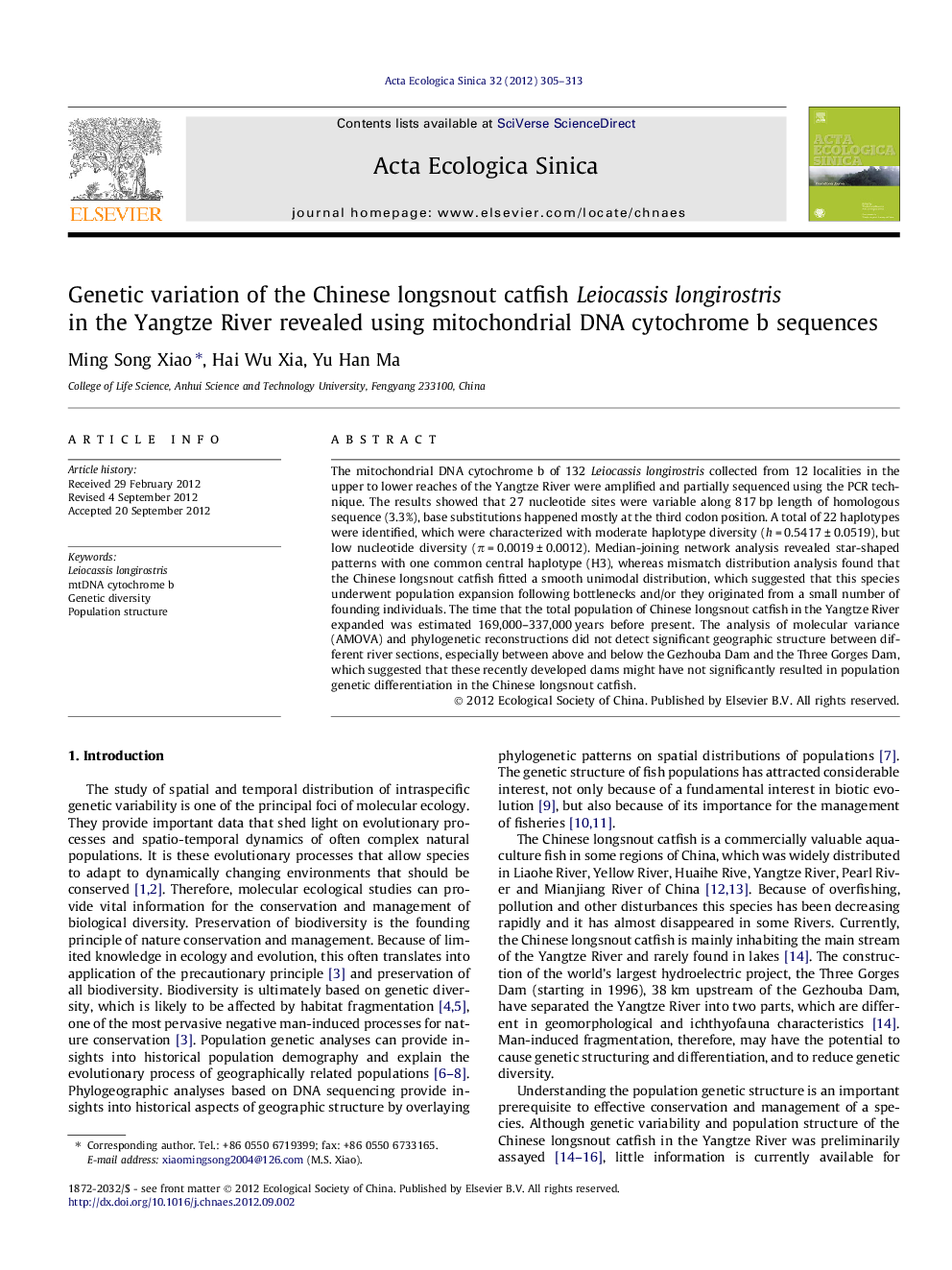 Genetic variation of the Chinese longsnout catfish Leiocassis longirostris in the Yangtze River revealed using mitochondrial DNA cytochrome b sequences