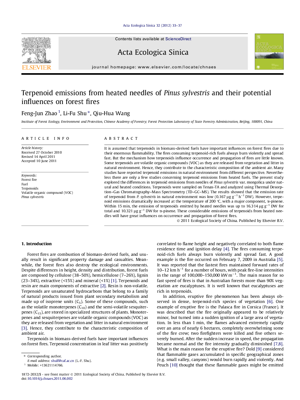 Terpenoid emissions from heated needles of Pinus sylvestris and their potential influences on forest fires