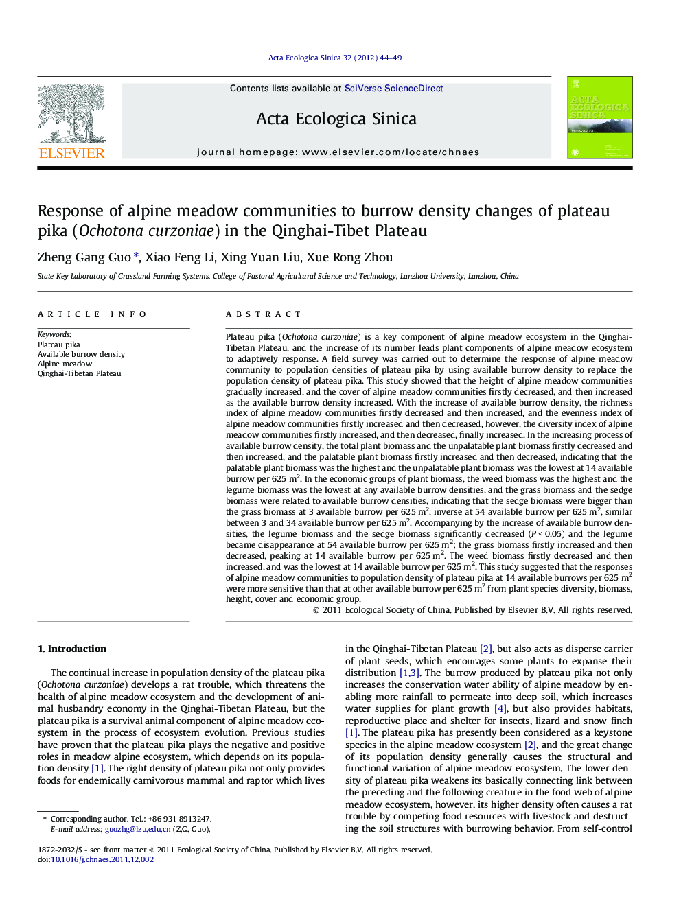 Response of alpine meadow communities to burrow density changes of plateau pika (Ochotona curzoniae) in the Qinghai-Tibet Plateau