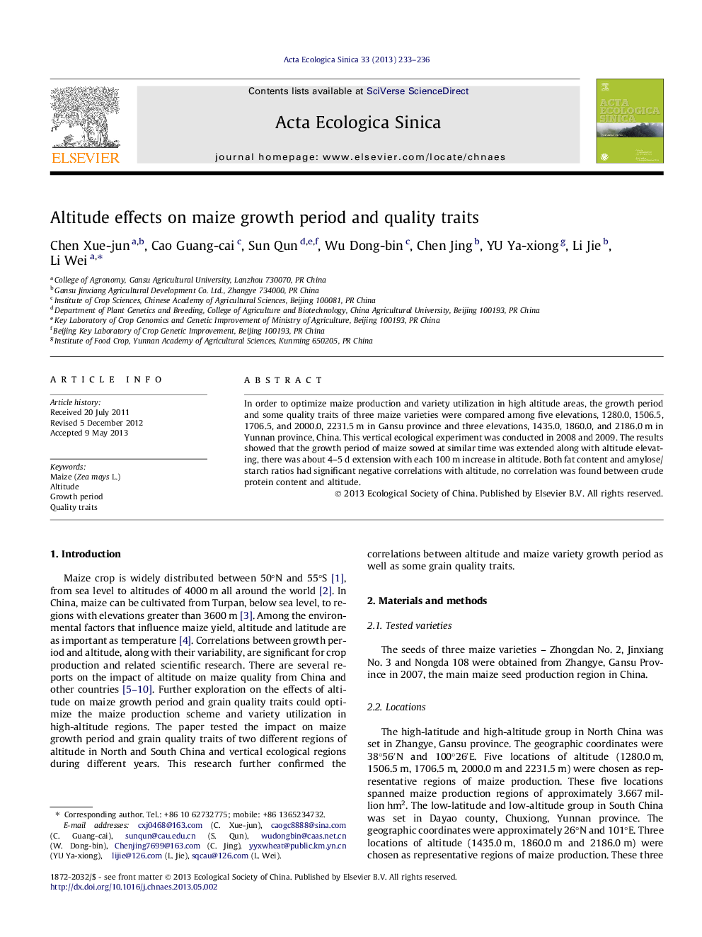 Altitude effects on maize growth period and quality traits