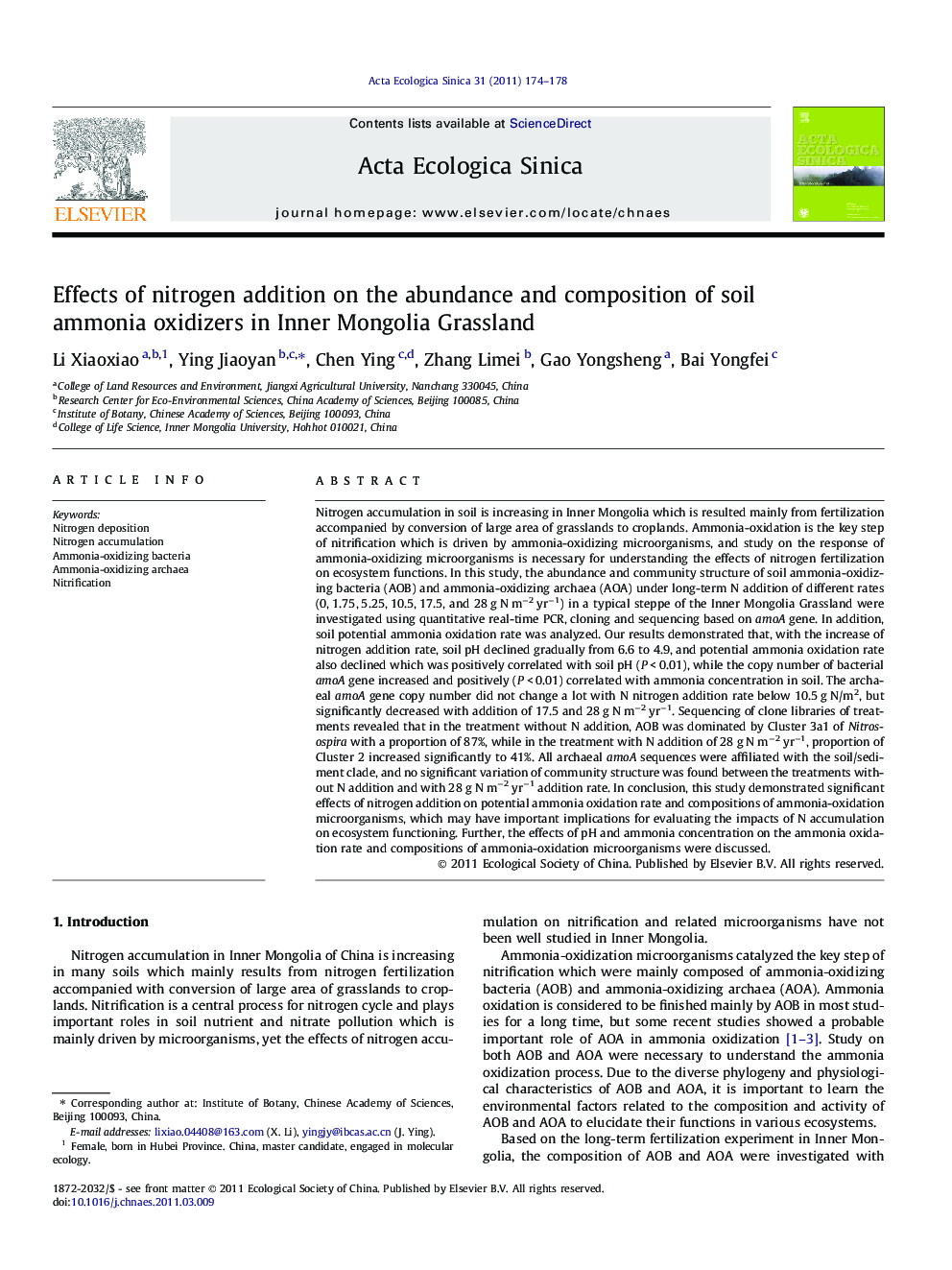 Effects of nitrogen addition on the abundance and composition of soil ammonia oxidizers in Inner Mongolia Grassland