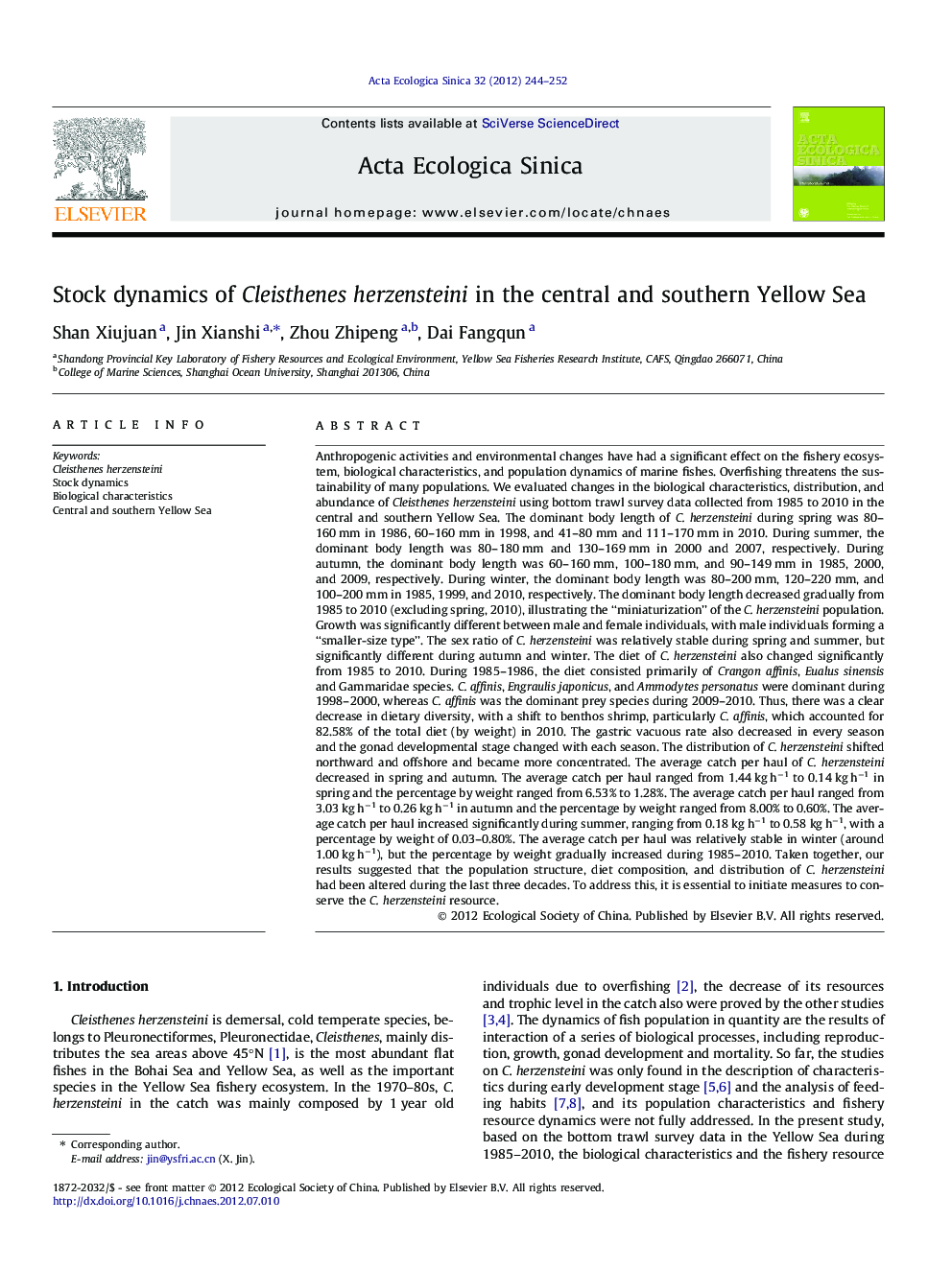 Stock dynamics of Cleisthenes herzensteini in the central and southern Yellow Sea