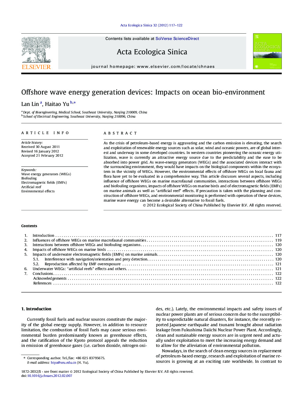 Offshore wave energy generation devices: Impacts on ocean bio-environment