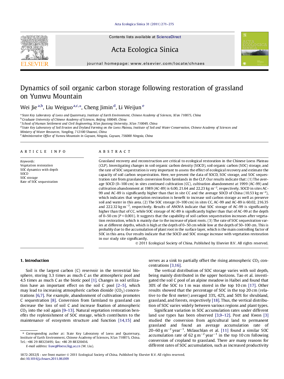 Dynamics of soil organic carbon storage following restoration of grassland on Yunwu Mountain