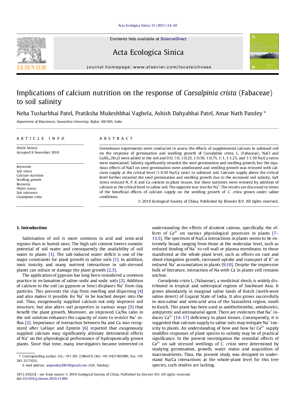 Implications of calcium nutrition on the response of Caesalpinia crista (Fabaceae) to soil salinity