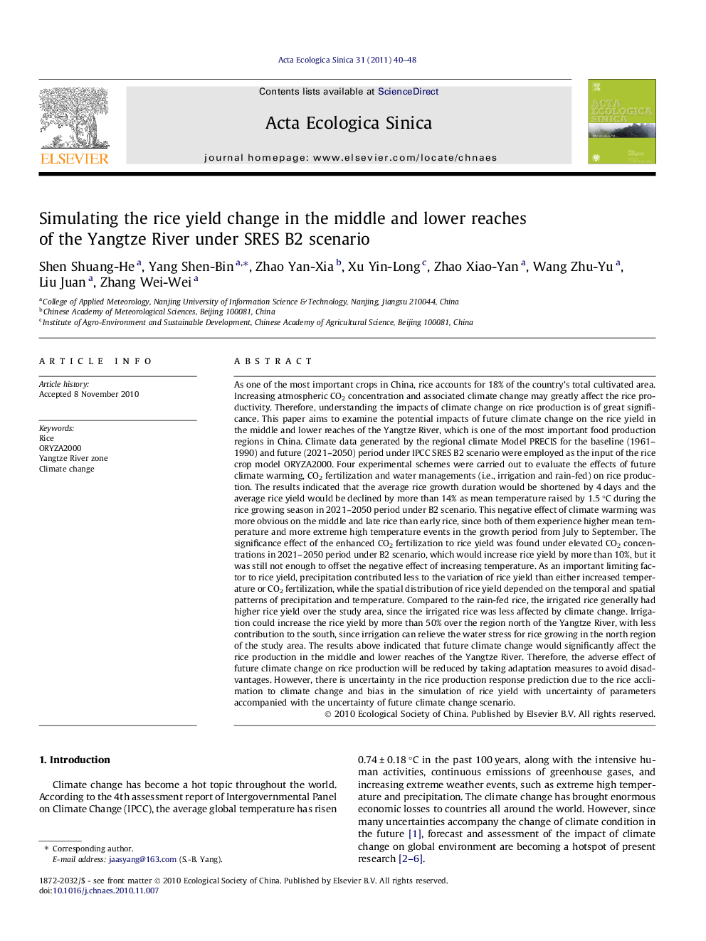 Simulating the rice yield change in the middle and lower reaches of the Yangtze River under SRES B2 scenario