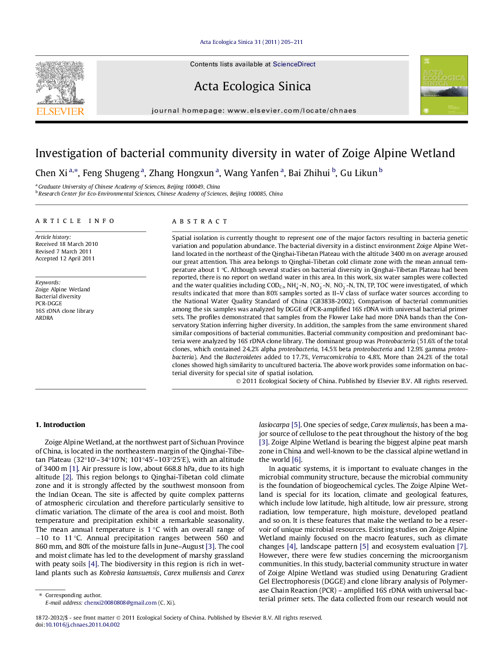 Investigation of bacterial community diversity in water of Zoige Alpine Wetland