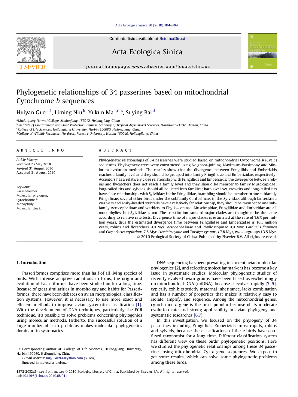 Phylogenetic relationships of 34 passerines based on mitochondrial Cytochrome b sequences