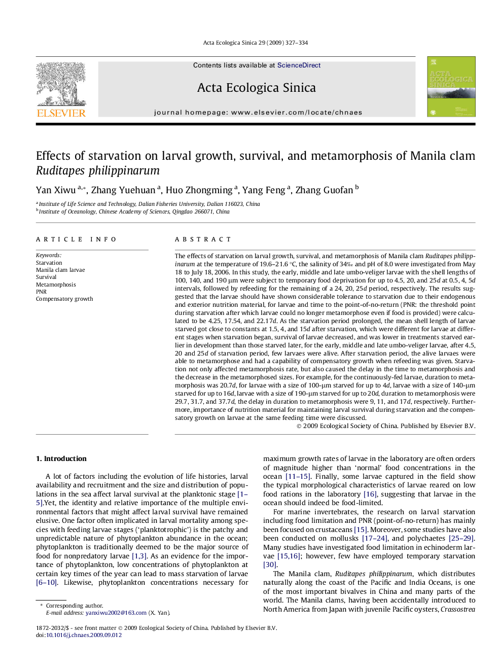 Effects of starvation on larval growth, survival, and metamorphosis of Manila clam Ruditapes philippinarum