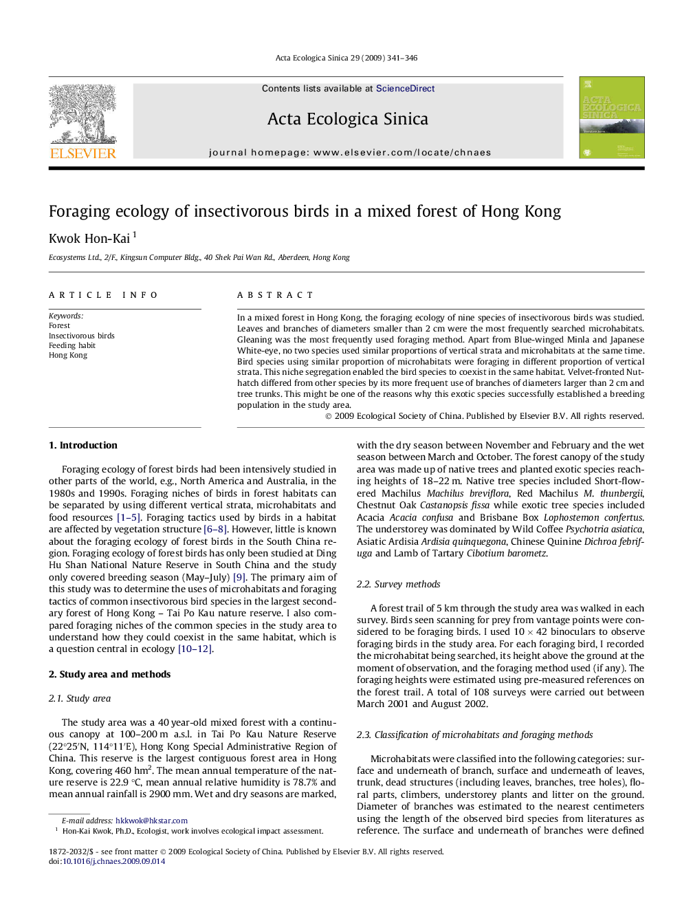 Foraging ecology of insectivorous birds in a mixed forest of Hong Kong