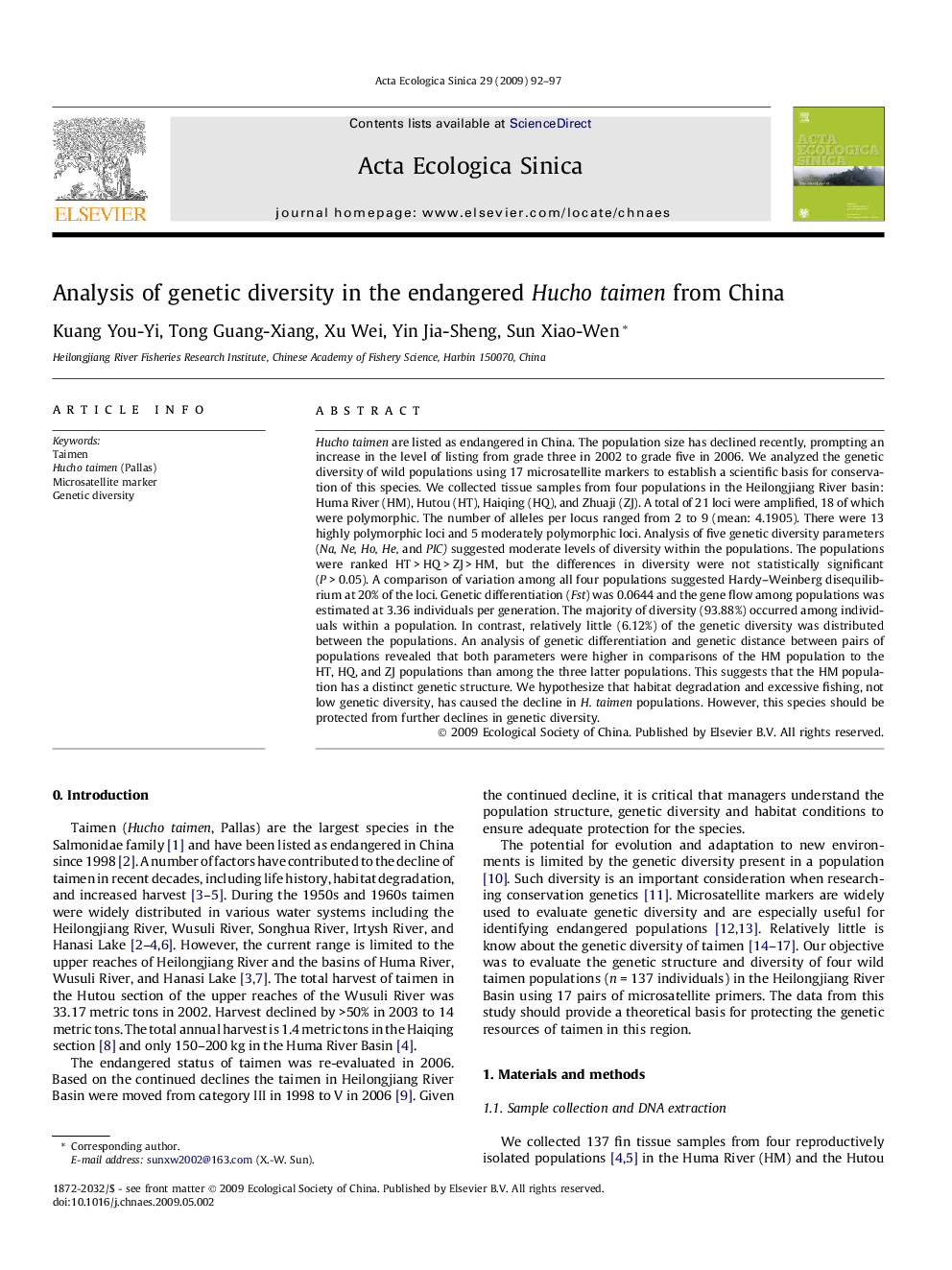 Analysis of genetic diversity in the endangered Hucho taimen from China