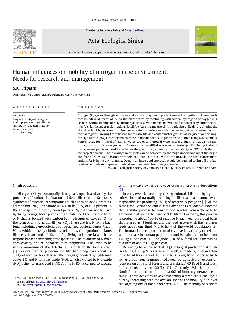 Human influences on mobility of nitrogen in the environment: Needs for research and management