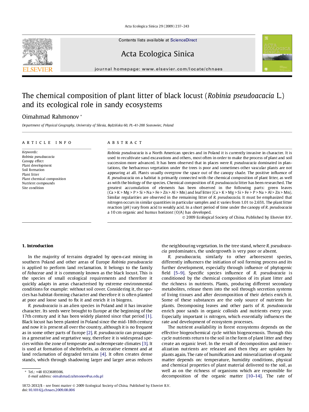 The chemical composition of plant litter of black locust (Robinia pseudoacacia L.) and its ecological role in sandy ecosystems