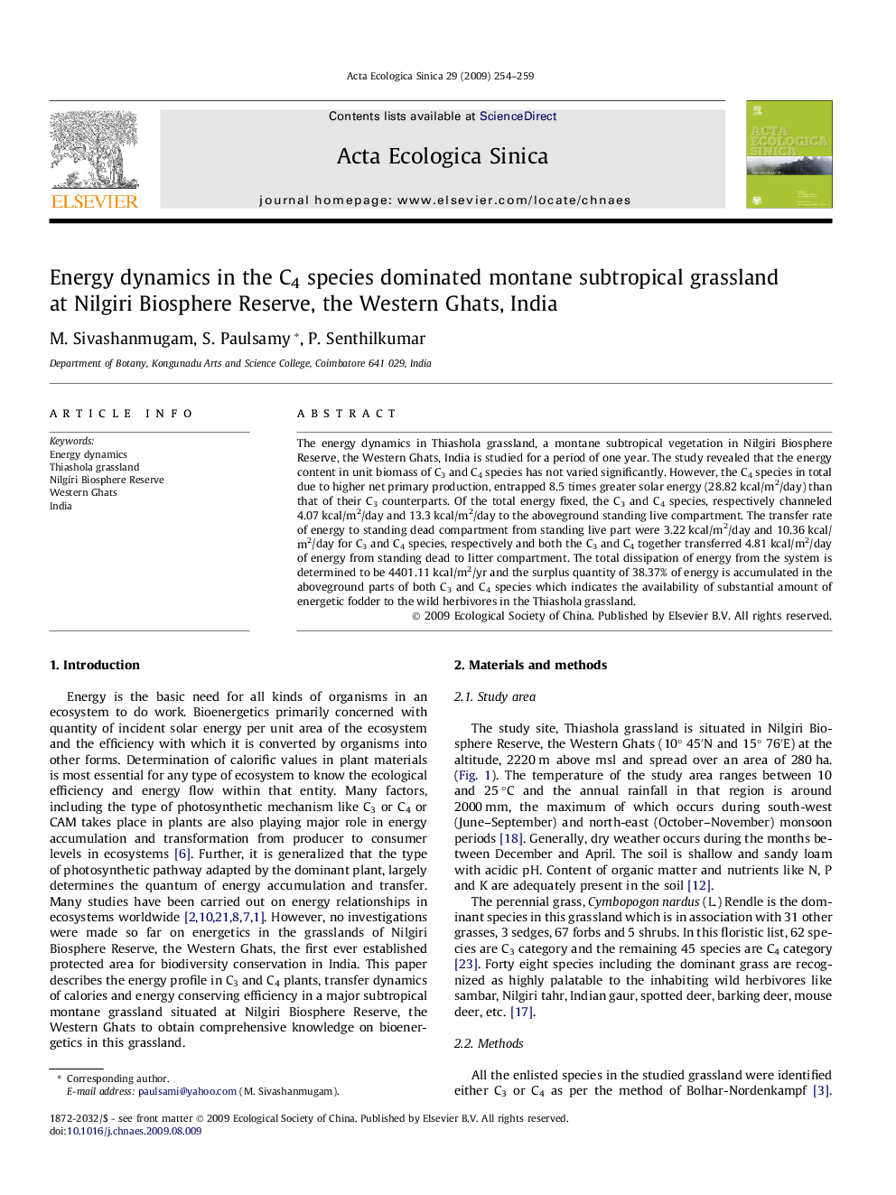 Energy dynamics in the C4 species dominated montane subtropical grassland at Nilgiri Biosphere Reserve, the Western Ghats, India