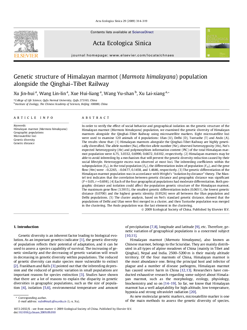 Genetic structure of Himalayan marmot (Marmota himalayana) population alongside the Qinghai–Tibet Railway