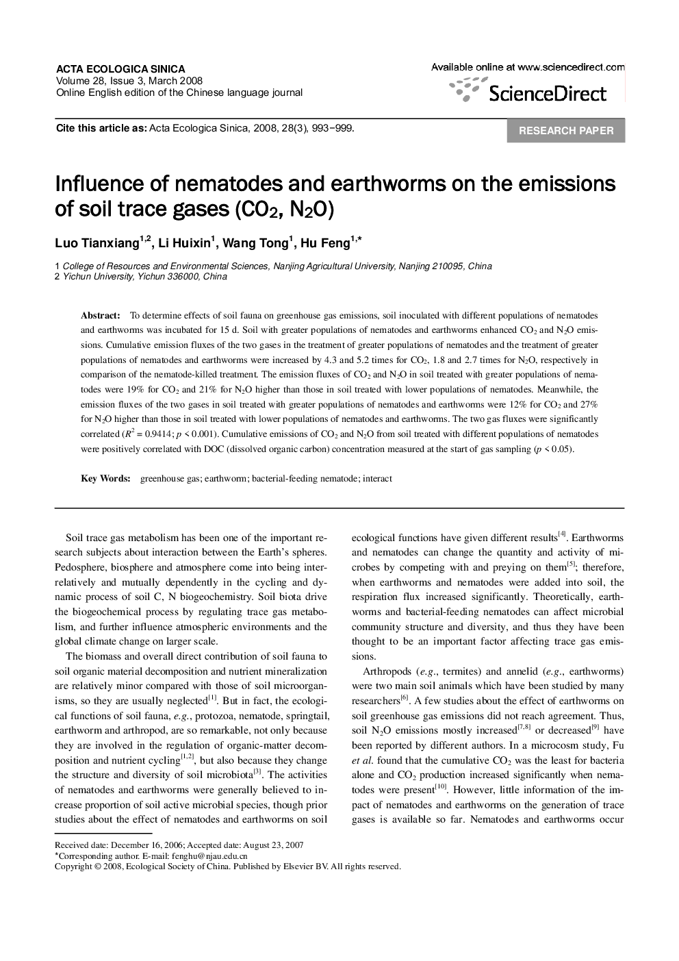 Influence of nematodes and earthworms on the emissions of soil trace gases (CO2, N2O)