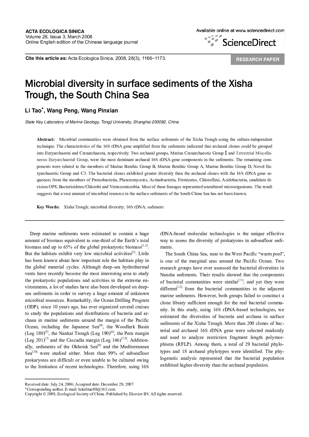 Microbial diversity in surface sediments of the Xisha Trough, the South China Sea