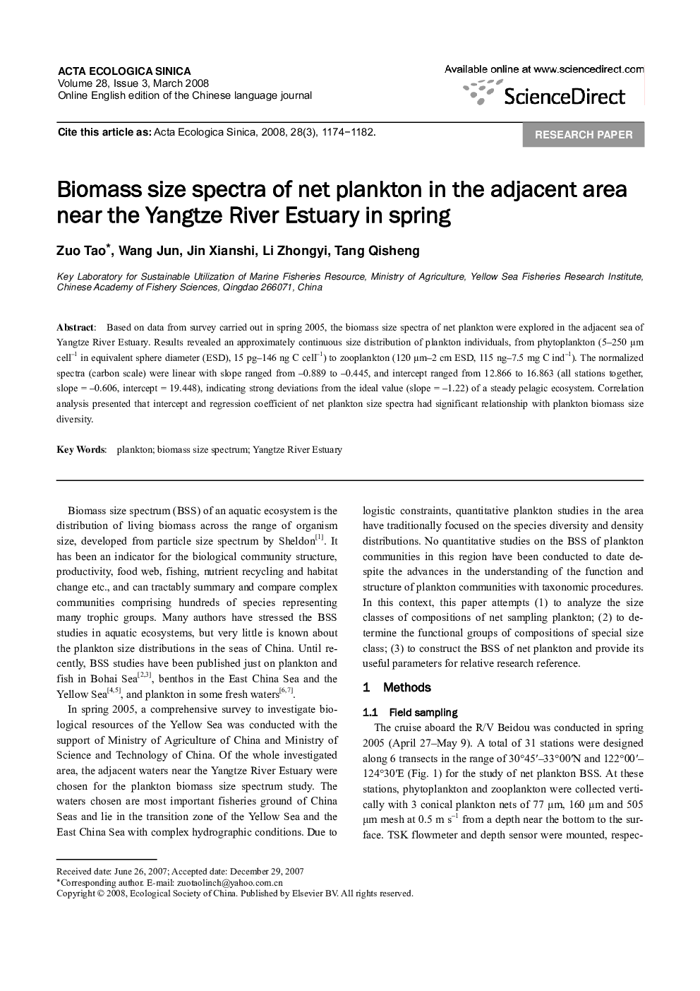 Biomass size spectra of net plankton in the adjacent area near the Yangtze River Estuary in spring