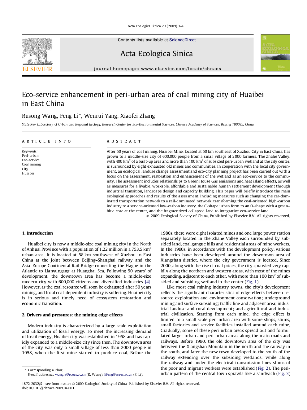 Eco-service enhancement in peri-urban area of coal mining city of Huaibei in East China