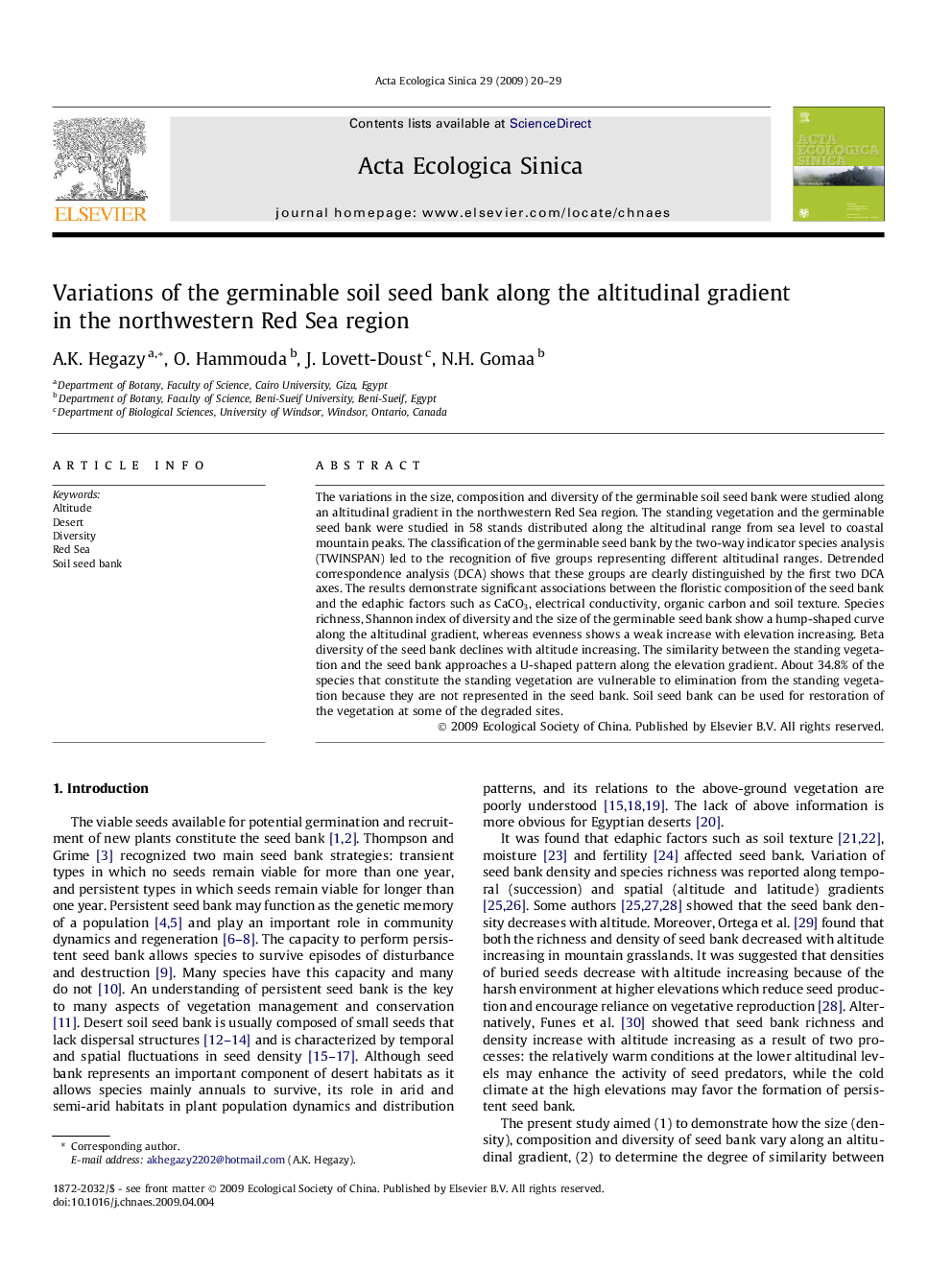 Variations of the germinable soil seed bank along the altitudinal gradient in the northwestern Red Sea region