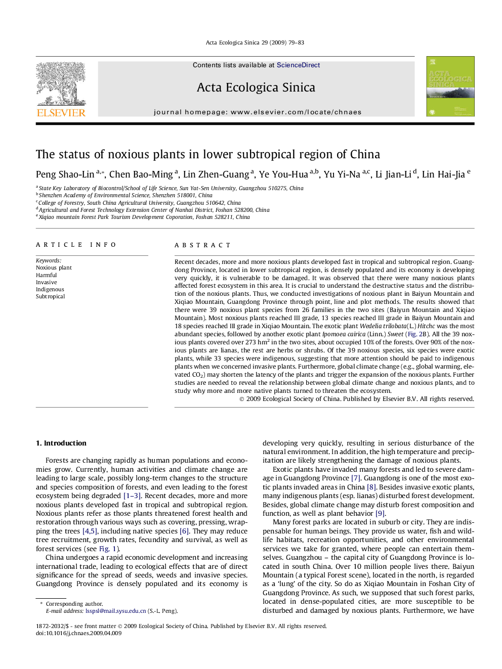 The status of noxious plants in lower subtropical region of China