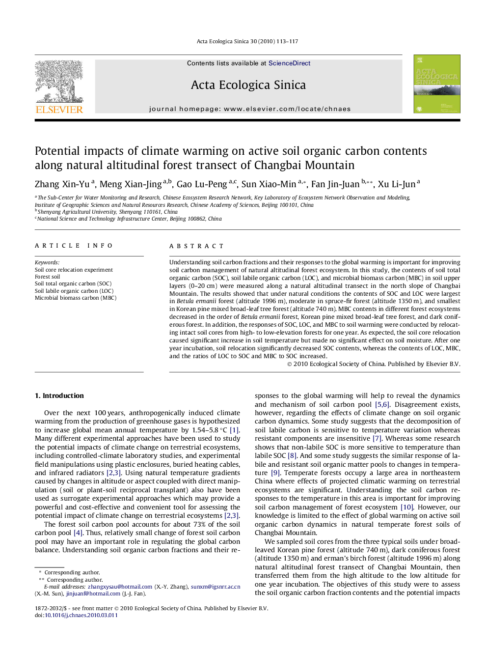 Potential impacts of climate warming on active soil organic carbon contents along natural altitudinal forest transect of Changbai Mountain