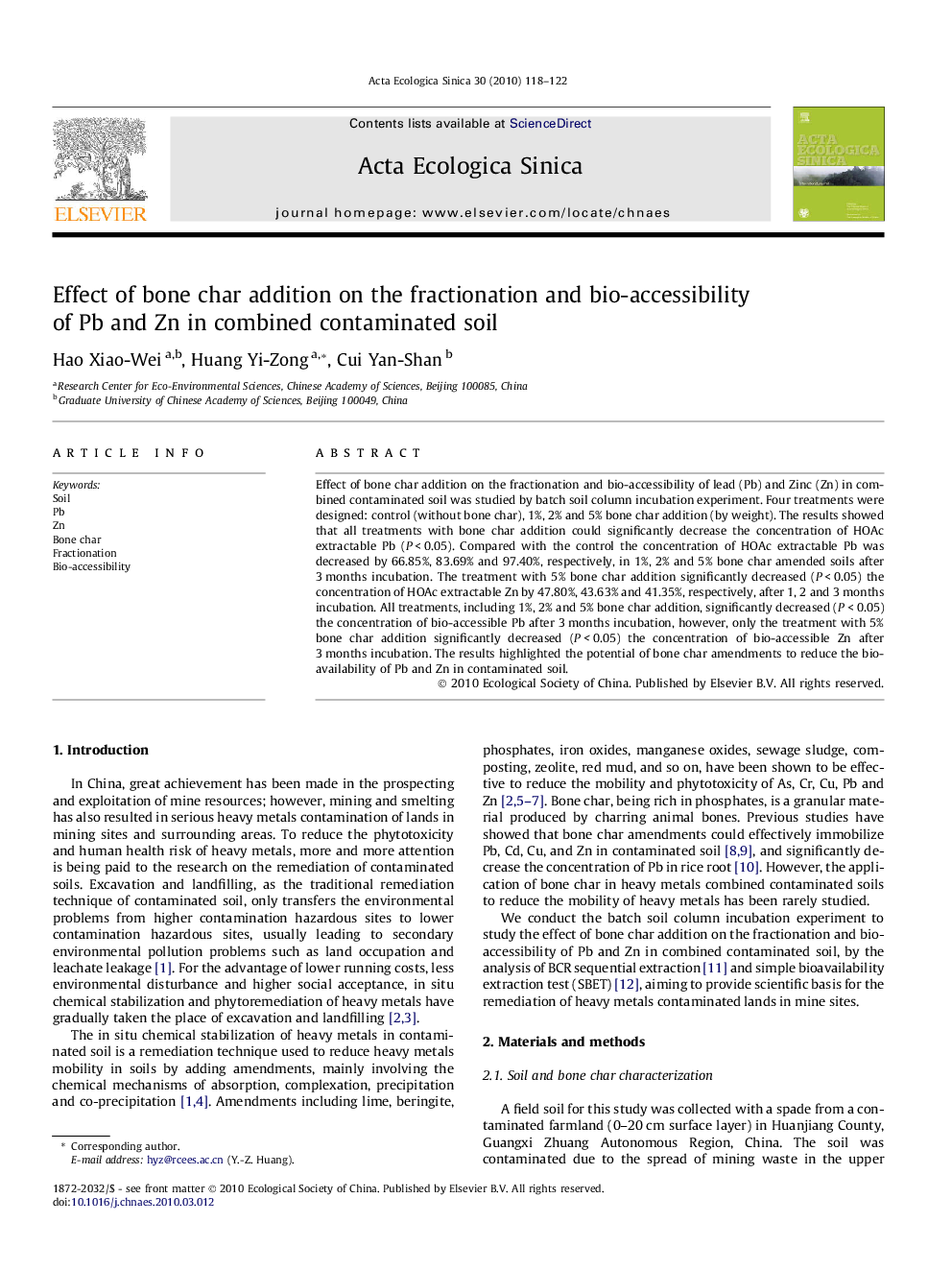 Effect of bone char addition on the fractionation and bio-accessibility of Pb and Zn in combined contaminated soil