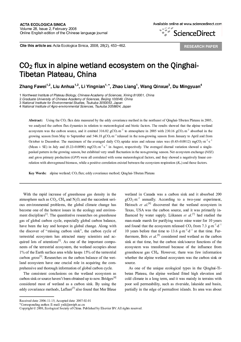 CO2 flux in alpine wetland ecosystem on the Qinghai-Tibetan Plateau, China