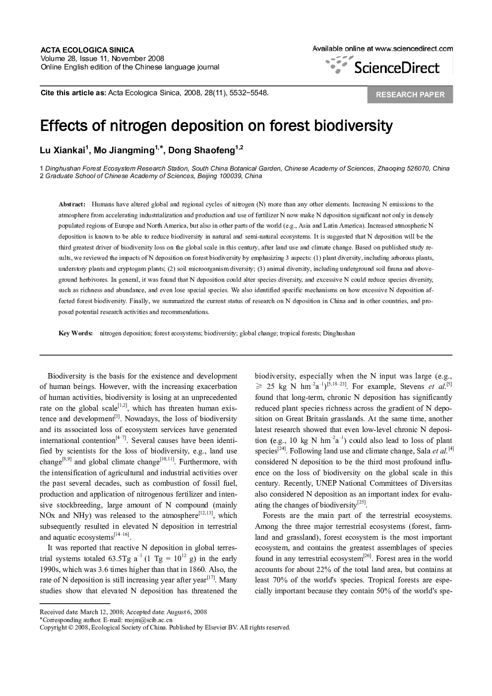 Effects of nitrogen deposition on forest biodiversity