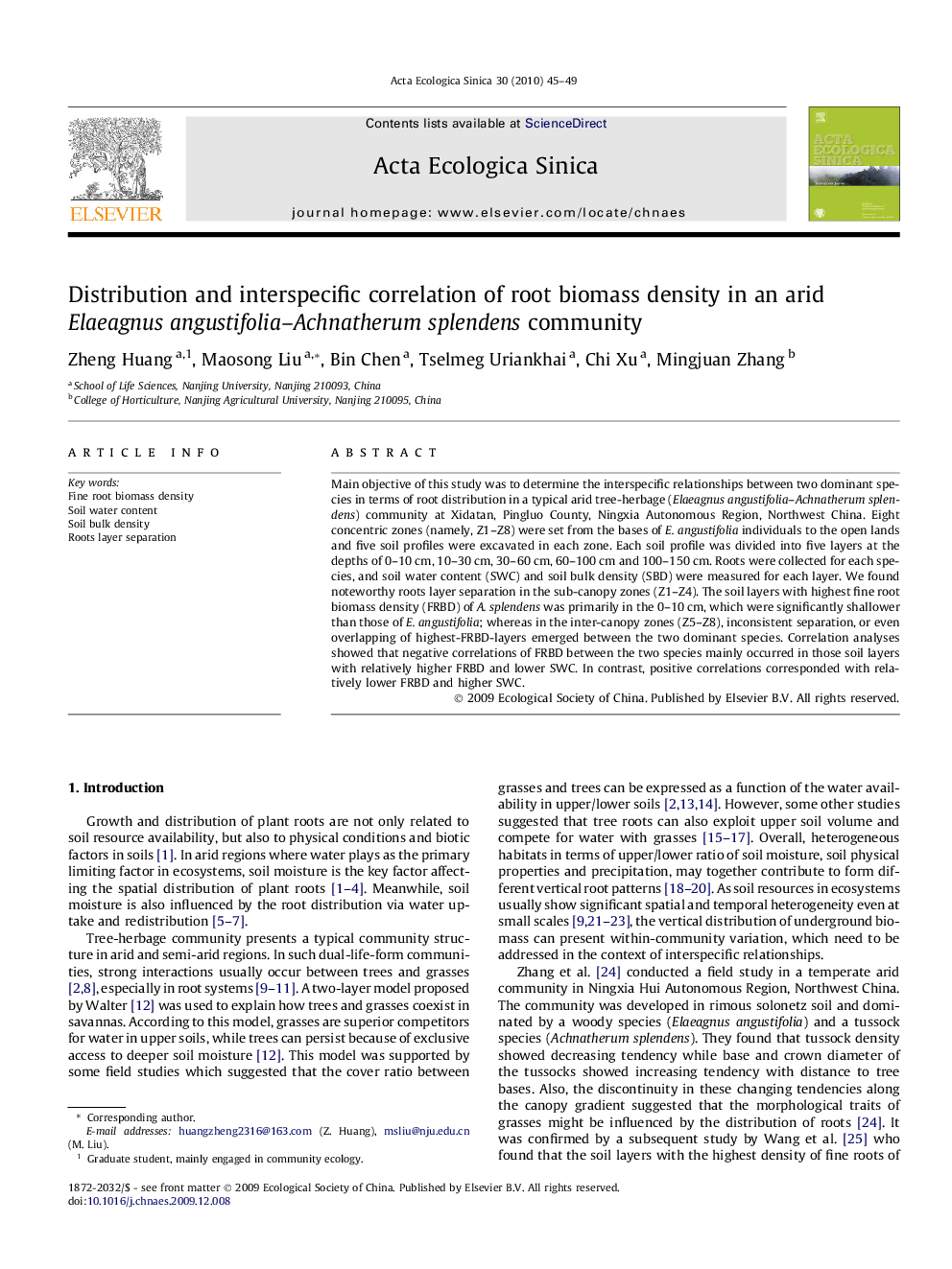 Distribution and interspecific correlation of root biomass density in an arid Elaeagnus angustifolia–Achnatherum splendens community