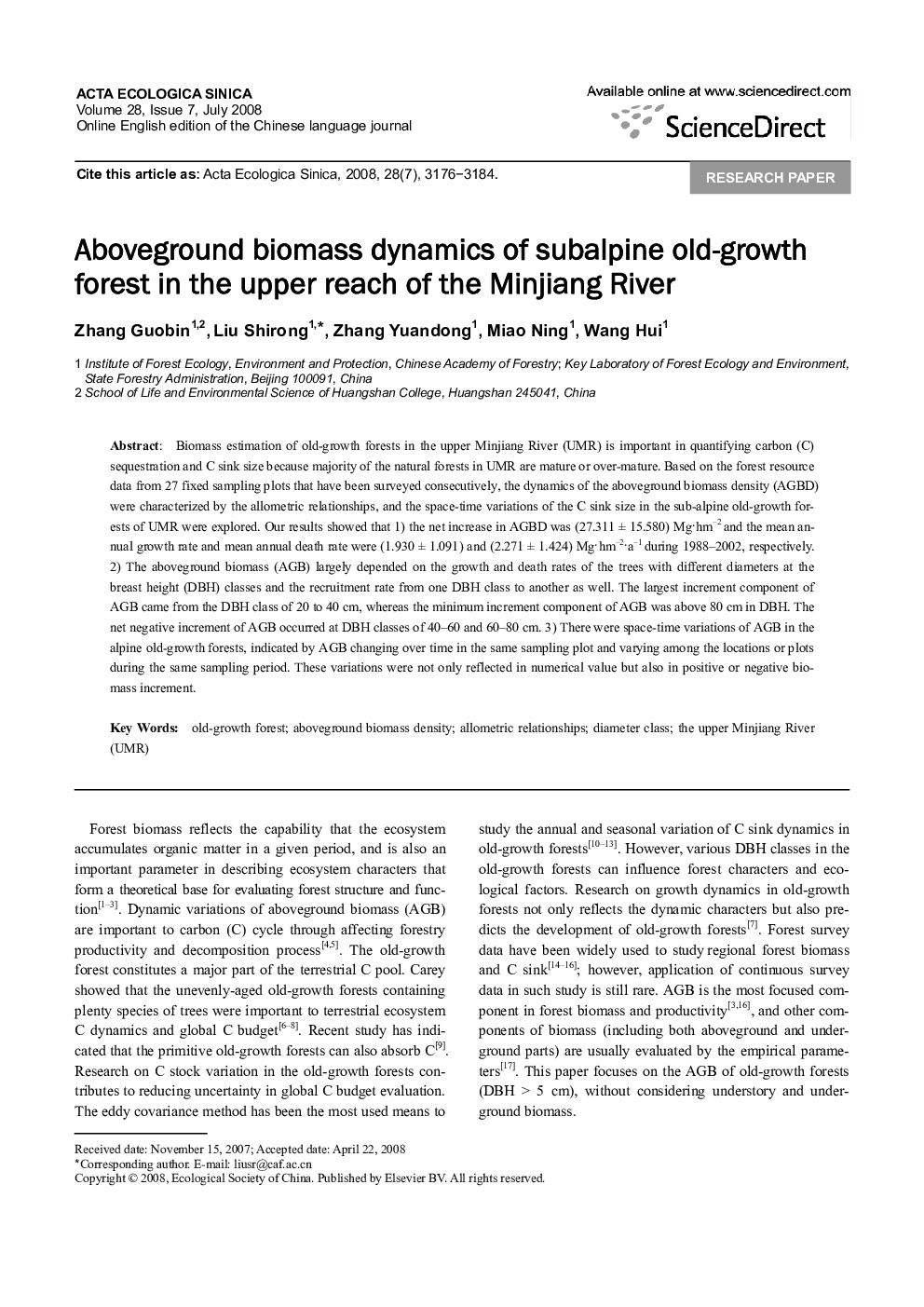 Aboveground biomass dynamics of subalpine old-growth forest in the upper reach of the Minjiang River